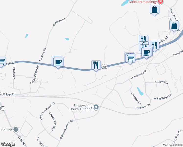 map of restaurants, bars, coffee shops, grocery stores, and more near 1040 Gables Drive in Forest