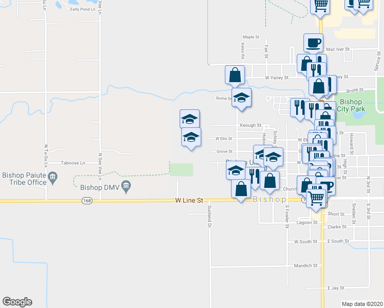 map of restaurants, bars, coffee shops, grocery stores, and more near 800 West Pine Street in Bishop