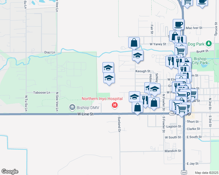 map of restaurants, bars, coffee shops, grocery stores, and more near 800 West Pine Street in Bishop