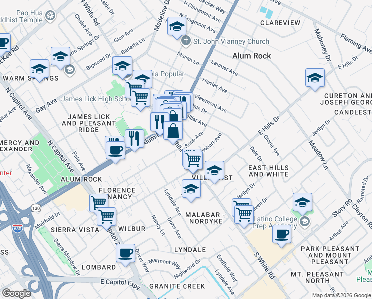 map of restaurants, bars, coffee shops, grocery stores, and more near 50 South White Road in San Jose
