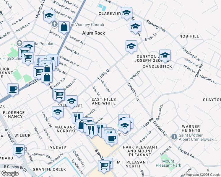 map of restaurants, bars, coffee shops, grocery stores, and more near 372 Gloria Avenue in San Jose