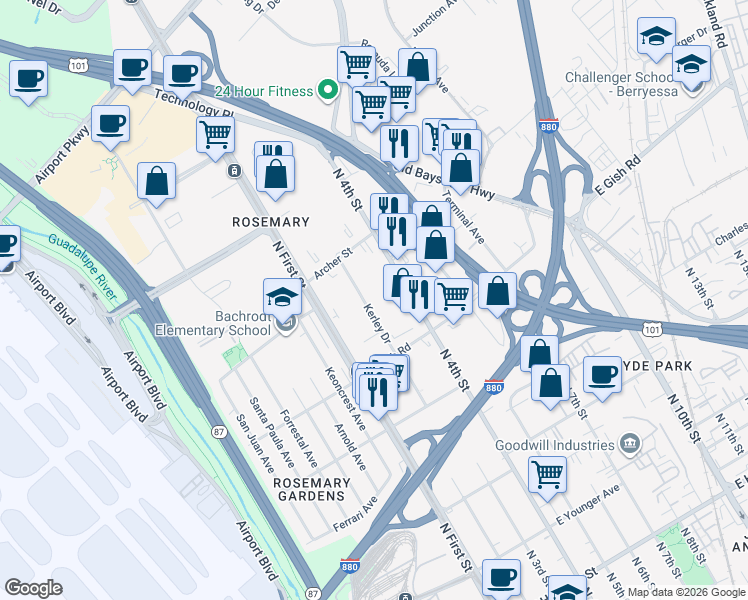 map of restaurants, bars, coffee shops, grocery stores, and more near 1536 Kerley Drive in San Jose