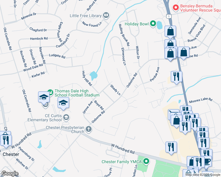 map of restaurants, bars, coffee shops, grocery stores, and more near 11816 Shady Lane in Chester