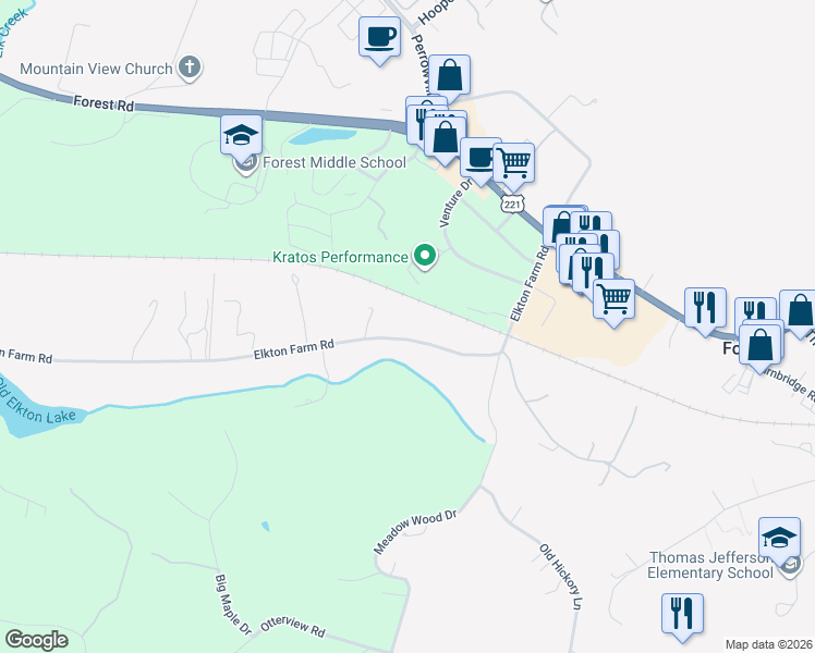 map of restaurants, bars, coffee shops, grocery stores, and more near 1323-1489 Elkton Farm Road in Forest
