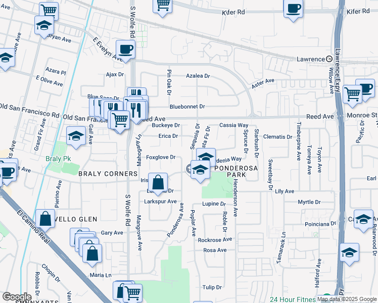map of restaurants, bars, coffee shops, grocery stores, and more near 754 Sequoia Drive in Sunnyvale