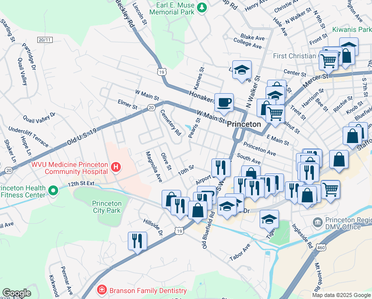 map of restaurants, bars, coffee shops, grocery stores, and more near Cemetery Rd in Princeton
