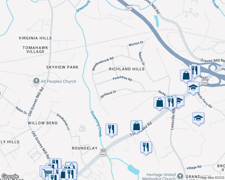 map of restaurants, bars, coffee shops, grocery stores, and more near 7126 Richland Drive in Lynchburg