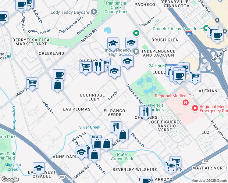 map of restaurants, bars, coffee shops, grocery stores, and more near 1977 Luby Drive in San Jose
