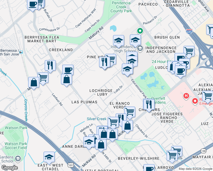 map of restaurants, bars, coffee shops, grocery stores, and more near 546 Trents Ferry Court in San Jose