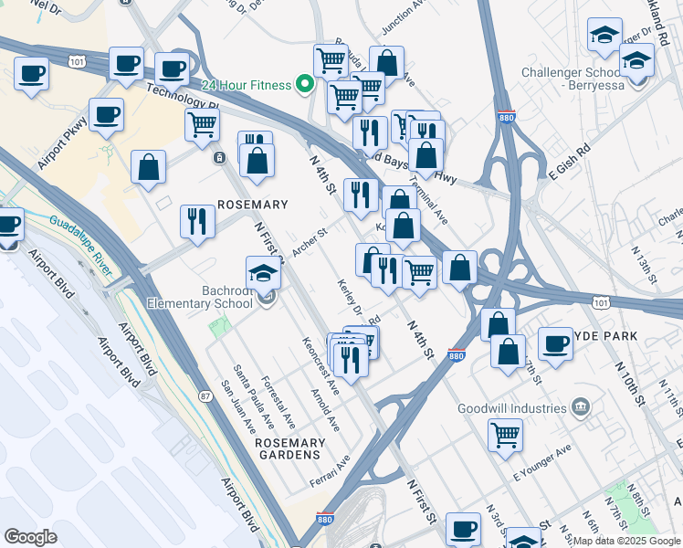 map of restaurants, bars, coffee shops, grocery stores, and more near 1580 Kerley Drive in San Jose