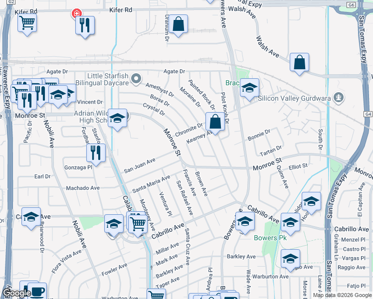 map of restaurants, bars, coffee shops, grocery stores, and more near 2330 Brown Avenue in Santa Clara