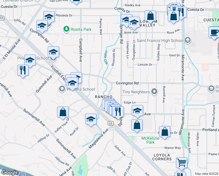 map of restaurants, bars, coffee shops, grocery stores, and more near 640 Covington Road in Los Altos