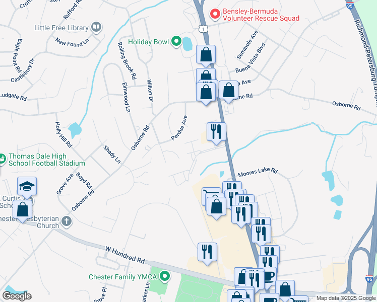 map of restaurants, bars, coffee shops, grocery stores, and more near 2816 Goyne Loop in Chester