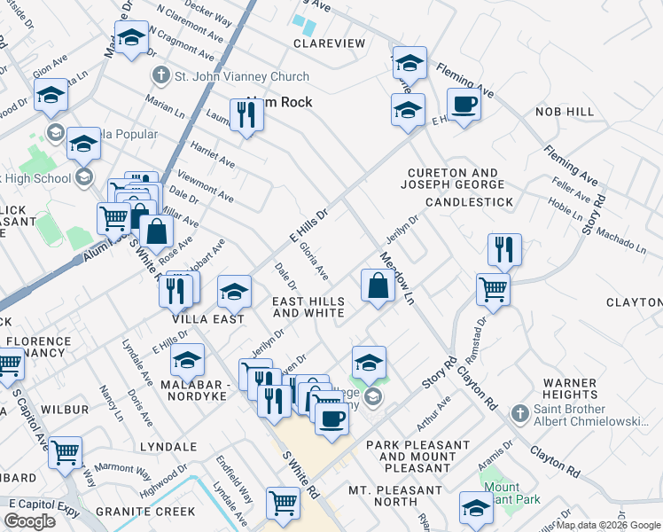 map of restaurants, bars, coffee shops, grocery stores, and more near 372 Gloria Avenue in San Jose