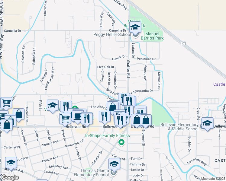 map of restaurants, bars, coffee shops, grocery stores, and more near 3001 Chestnut Drive in Atwater