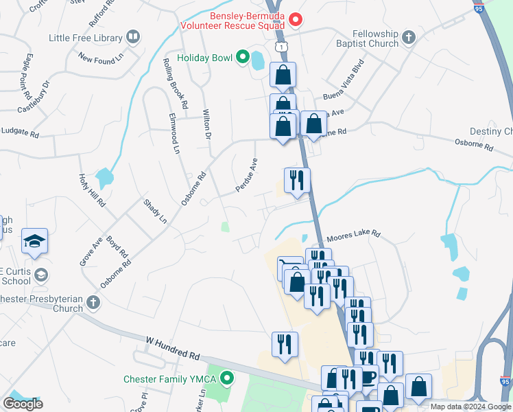 map of restaurants, bars, coffee shops, grocery stores, and more near 2824 Goyne Loop in Chester