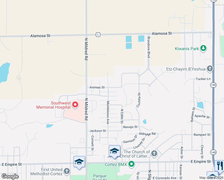 map of restaurants, bars, coffee shops, grocery stores, and more near 1315-1317 Animas Street in Cortez