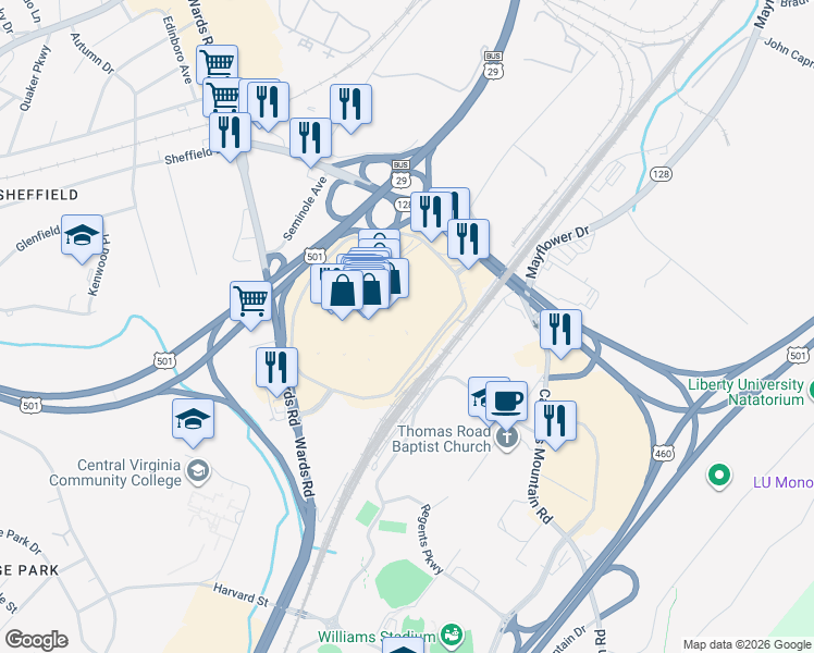 map of restaurants, bars, coffee shops, grocery stores, and more near 1006 Lakeview Drive in Lynchburg