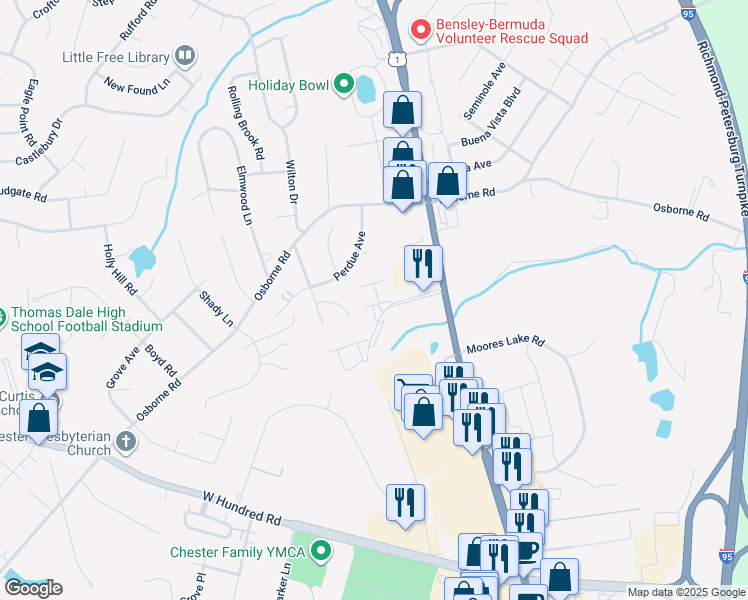 map of restaurants, bars, coffee shops, grocery stores, and more near 2800 Goyne Loop in Chester
