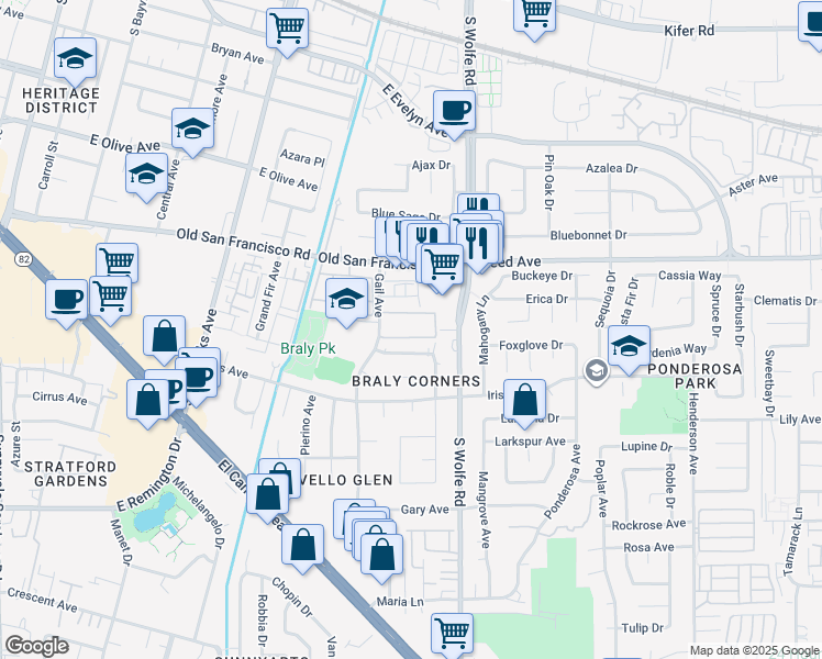map of restaurants, bars, coffee shops, grocery stores, and more near 660 Gail Avenue in Sunnyvale