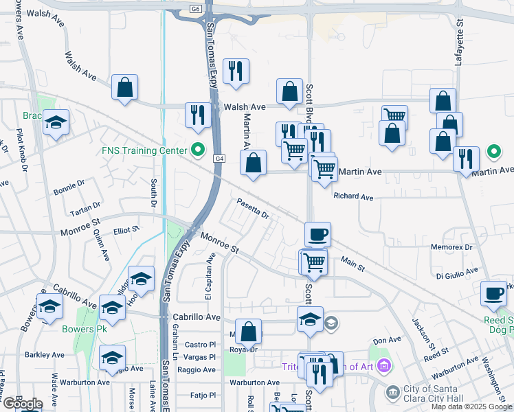 map of restaurants, bars, coffee shops, grocery stores, and more near 2257 Pasetta Drive in Santa Clara