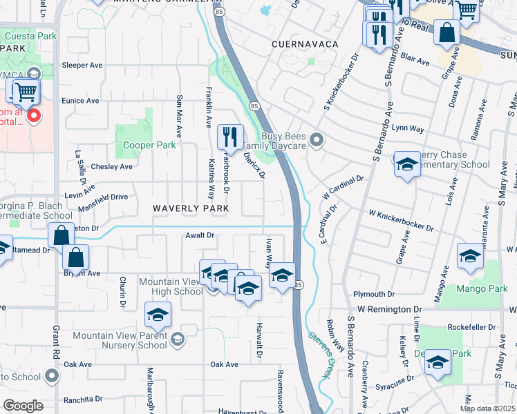 map of restaurants, bars, coffee shops, grocery stores, and more near 2720 Diericx Drive in Mountain View