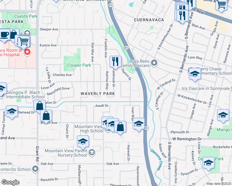 map of restaurants, bars, coffee shops, grocery stores, and more near 2721 Fairbrook Drive in Mountain View