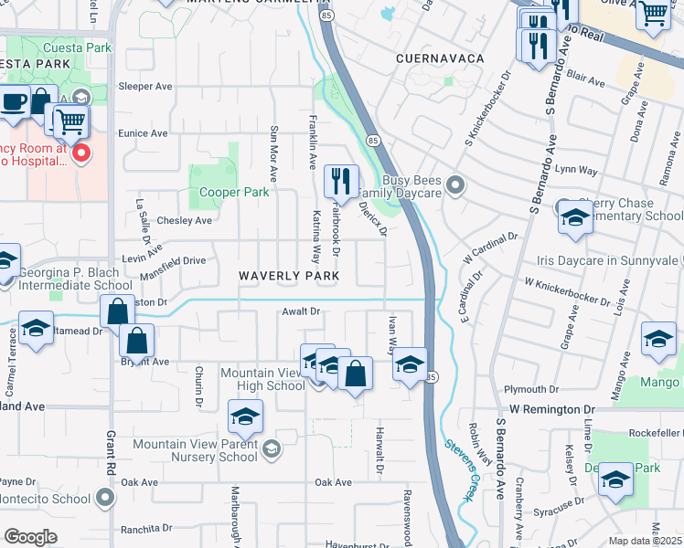 map of restaurants, bars, coffee shops, grocery stores, and more near 2721 Fairbrook Drive in Mountain View