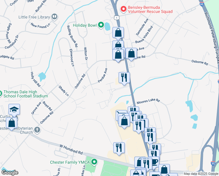 map of restaurants, bars, coffee shops, grocery stores, and more near 2800 Goyne Loop in Chester