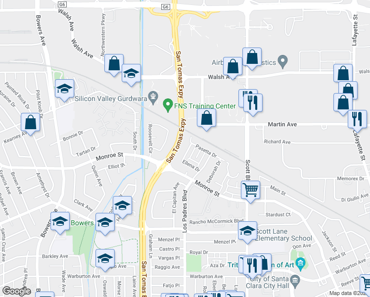 map of restaurants, bars, coffee shops, grocery stores, and more near 2352 William Drive in Santa Clara