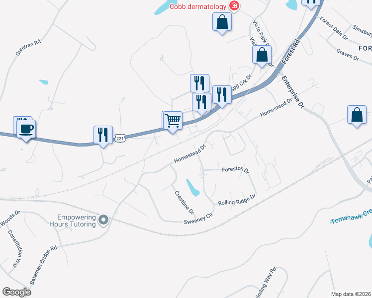 map of restaurants, bars, coffee shops, grocery stores, and more near 305 Homestead Drive in Forest