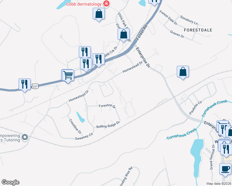 map of restaurants, bars, coffee shops, grocery stores, and more near 1225 Jefferson Oaks Court in Forest