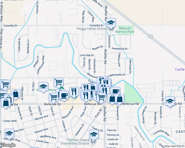 map of restaurants, bars, coffee shops, grocery stores, and more near 3001 Chestnut Drive in Atwater