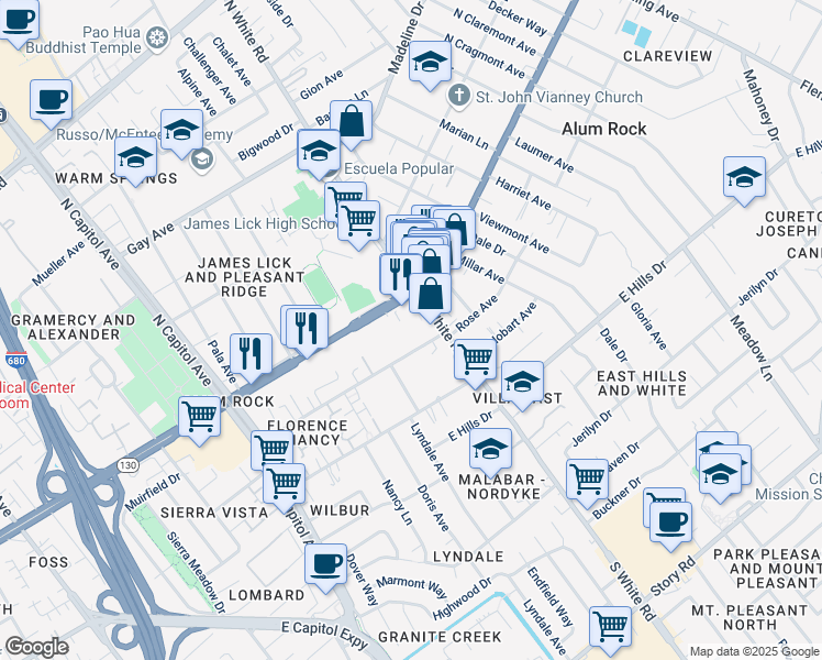 map of restaurants, bars, coffee shops, grocery stores, and more near 3054 Alum Rock Avenue in San Jose