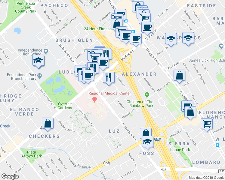 map of restaurants, bars, coffee shops, grocery stores, and more near 236 Montclair Avenue in San Jose