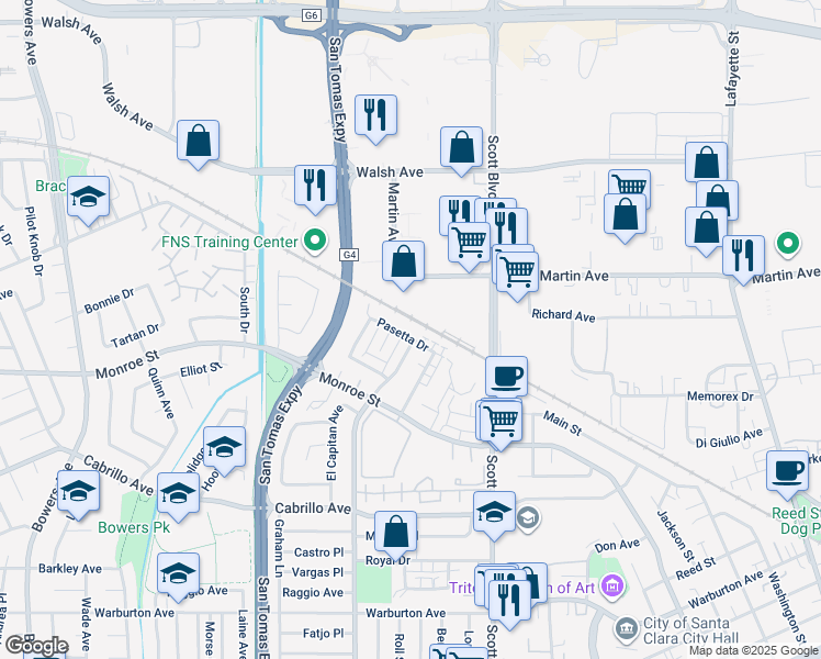 map of restaurants, bars, coffee shops, grocery stores, and more near 2257 Pasetta Drive in Santa Clara