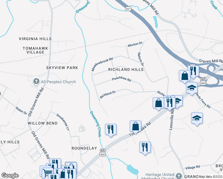 map of restaurants, bars, coffee shops, grocery stores, and more near 7126 Richland Drive in Lynchburg