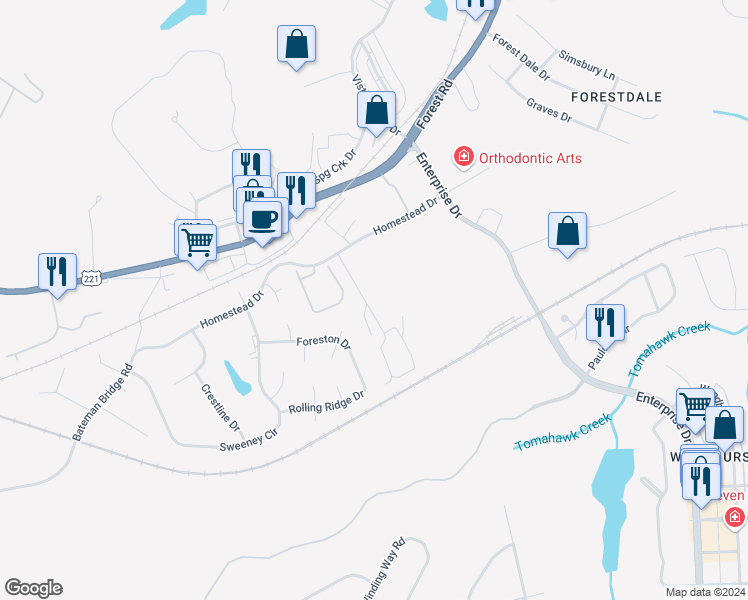 map of restaurants, bars, coffee shops, grocery stores, and more near 1225 Jefferson Oaks Court in Forest