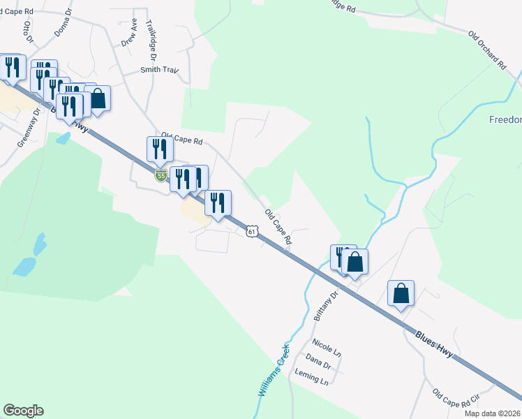 map of restaurants, bars, coffee shops, grocery stores, and more near 3191 Old Cape Road in Jackson