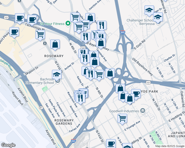 map of restaurants, bars, coffee shops, grocery stores, and more near 1450 North 4th Street in San Jose