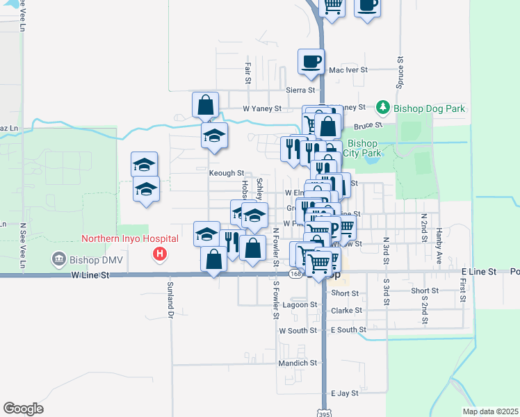 map of restaurants, bars, coffee shops, grocery stores, and more near 501 Schley Street in Bishop