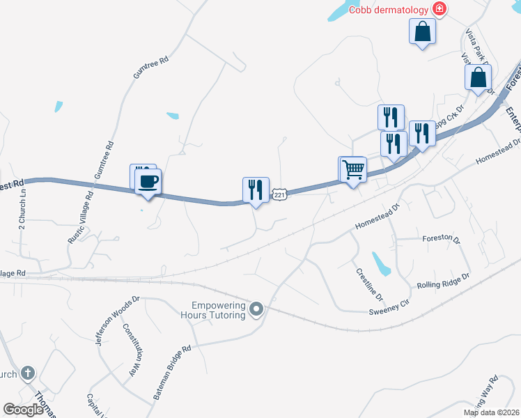 map of restaurants, bars, coffee shops, grocery stores, and more near 1040 Gables Drive in Forest