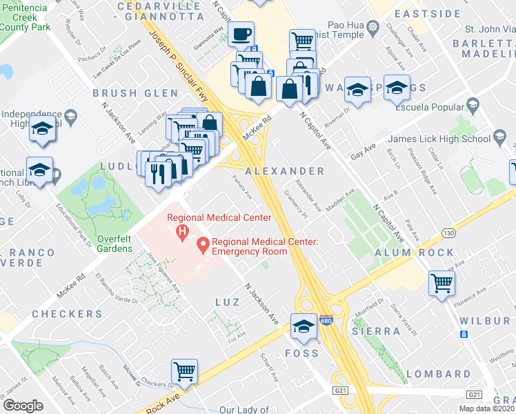 map of restaurants, bars, coffee shops, grocery stores, and more near Mather Dr & Pamela Ave in San Jose
