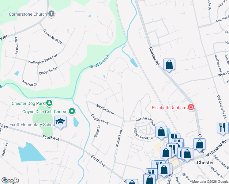 map of restaurants, bars, coffee shops, grocery stores, and more near 11508 Womack Road in Chester