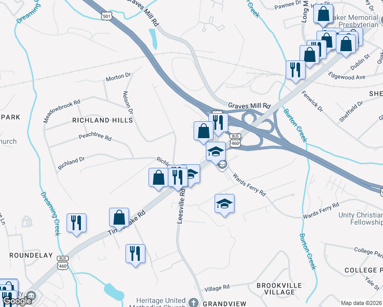 map of restaurants, bars, coffee shops, grocery stores, and more near 7051 Timberlake Road in Lynchburg