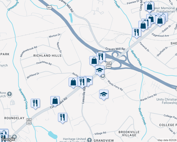 map of restaurants, bars, coffee shops, grocery stores, and more near 7051 Timberlake Road in Lynchburg