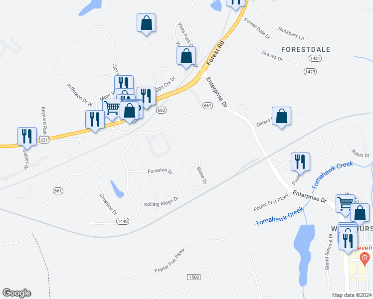 map of restaurants, bars, coffee shops, grocery stores, and more near 1150 Homestead Garden Court in Forest