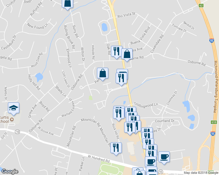 map of restaurants, bars, coffee shops, grocery stores, and more near 2716 Goyne Loop in Chester