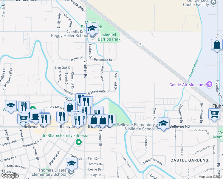 map of restaurants, bars, coffee shops, grocery stores, and more near 3004 Waterfall Drive in Atwater