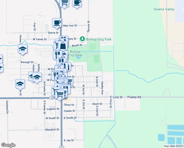 map of restaurants, bars, coffee shops, grocery stores, and more near 325 East Pine Street in Bishop